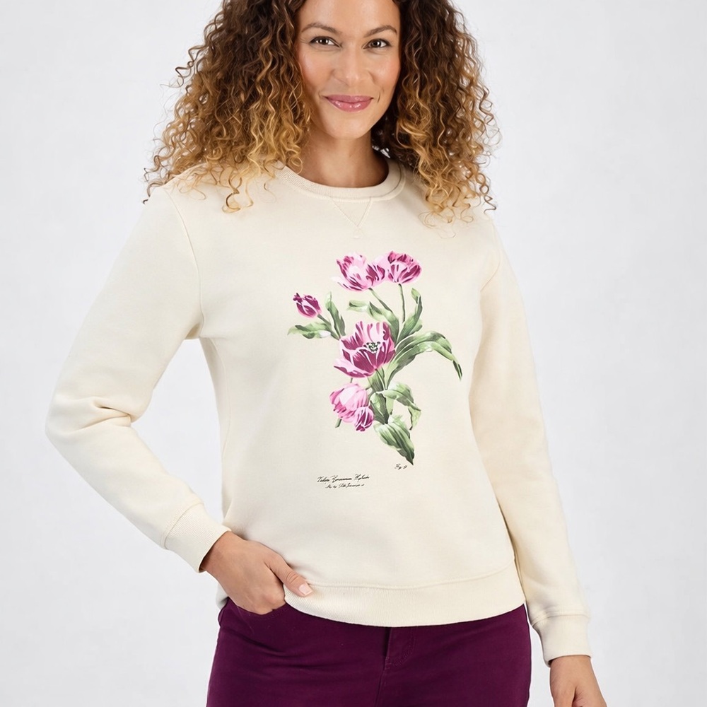 STYLE & CO NWT PL Leicester Floral Graphic Tulip Sweatshirt Cream L Petite
